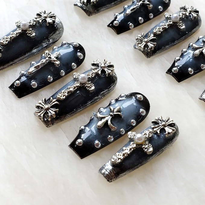 Gothic Press-On Nails, Long Ballerina Shape, Blue with Chrome and Pearl Accents, Handmade False Nail 10 Pieces (XS, LS)