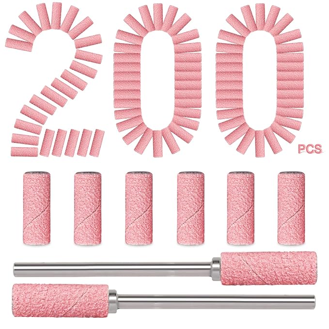 200pcs 180 Grit Small Sanding Bands for Nail Drill with 2pcs 3/32’’ Upgrade Mandrels Bits, Mini Sanding Bands for Nail Drill for Manicure Nail Salon and Nail Enthusiasts Use, Pink