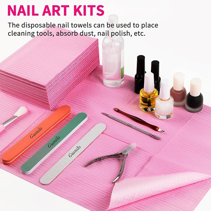 Gusnilo Nail Art Table Mat - Disposable Nail Paper Towels (250PCS) - Pink Waterproof 3-Ply Nail Art Paper 13" X 18" Pads for Nail Table Decoration Kit, Nail Art Accessories