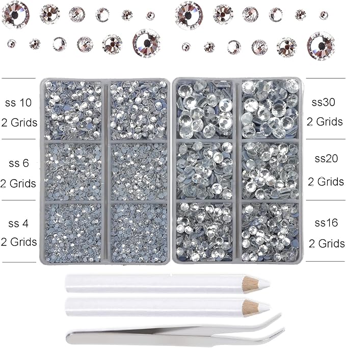 10000Pcs 2-Boxes Mixed Size Hot Fix Round Crystals Gems Glass Stones Hotfix Flat Back Rhinestones with Tweezers and Picking Pencil (Clear Crystal)