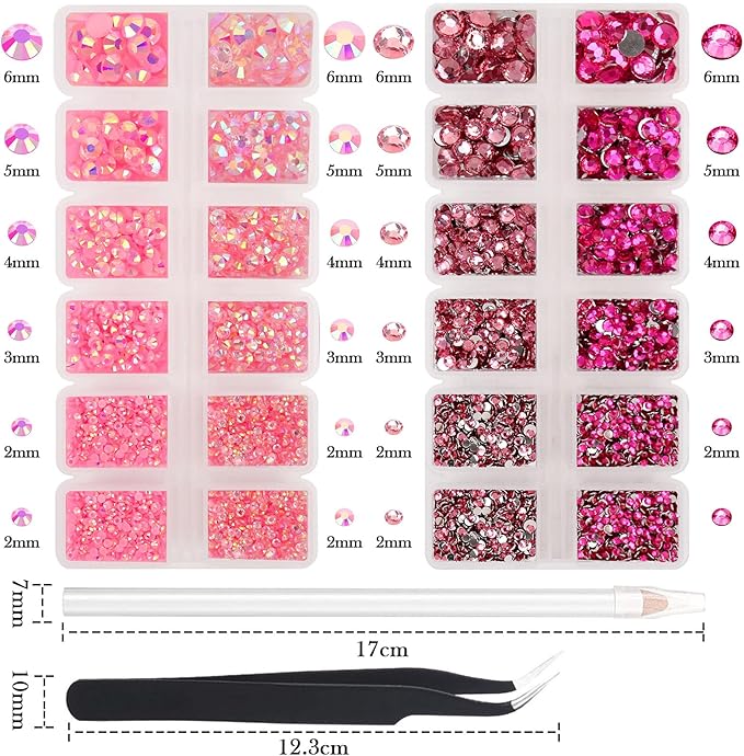 15000PCs 2-6MM Pink Series Resin Flat Back Rhinestones, Round Non Hotfix Jelly & Silver Bottom Resin Rhinestones Nail Gems Stones with Tweezer & Picker Pen for Nail Art Tumblers & DIY Crafts