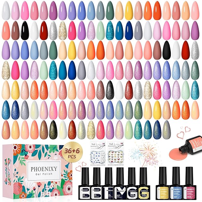 phoenixy 44 Pcs Gel Nail Polish Set, 36 Colors Gel Polish with Base Coat & 4 Effects Top Coat Full-Color Nail Polish Set All Seasons Nail Kit Gifts for Women Girls Nail Salon at Home