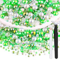 80g Flatback Pearls and Rhinestones for Crafting, Green Mixed Size 3-10mm Resin Rhinestones and Half Pearls for Bedazzling, Nail Art and Decoration with Tweezer and Pickup Pencil