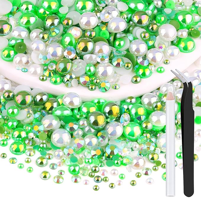 80g Flatback Pearls and Rhinestones for Crafting, Green Mixed Size 3-10mm Resin Rhinestones and Half Pearls for Bedazzling, Nail Art and Decoration with Tweezer and Pickup Pencil