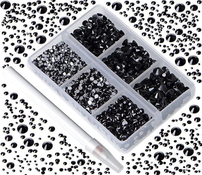 Bymitel 5000 Pieces 6 Mixed Sizes Glue Fix on Glass Rhinestones Round Crystal Gems Flatback for DIY Jewelry Making with one Picking Pen(Mix: SS4-SS30/5000PCS, Black)