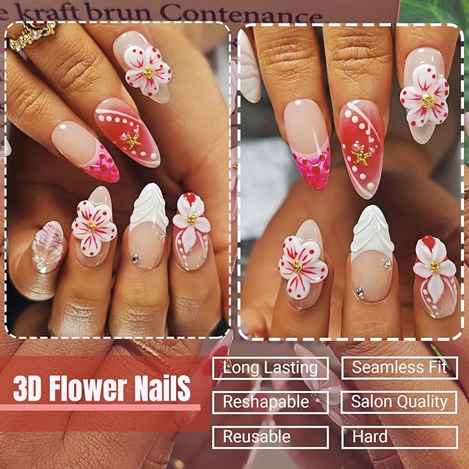 Handmade Acrylic Press On Nails Almond, Red Press On Nails Medium, Flower 3D Nails French Tip Star Bubble Preal For Women Gift, Reusable Stick On Fake Nails Kit With Nail Glue (Romantic Floral-S)