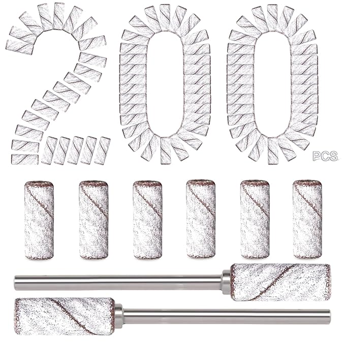 200pcs 240 Grit Small Sanding Bands for Nail Drill with 2pcs 3/32’’ Upgrade Mandrels Bits, Mini Sanding Bands for Nail Drill for Manicure Nail Salon and Nail Enthusiasts Use, White