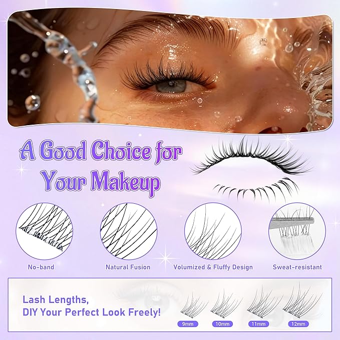 Self Adhesive Eyelashes, Individual Lashes Clusters for Natural Lash Clusters Kit, Pre Lash Glue Wispy Cluster Eyelash Extensions Kit Easy to Apply 120 PCs 9mm 10mm 11mm 12mm