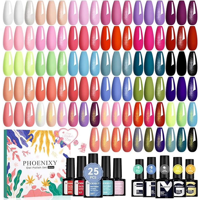 Phoenixy 30 Pcs Gel Nail Polish Set, 25 Colors Nail Polish Set with Pink Tangerine Orange Pink 5pcs Base Top Coat Nail Art Kit Gifts for Women
