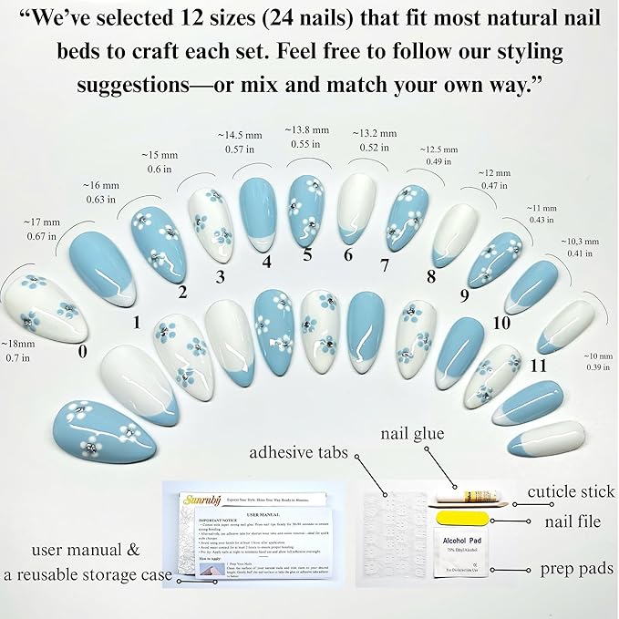 Handmade Press On Nails Medium Almond Pastel Blue White Flower with French Tip|Reusable Soft Gel Nails in 12 Sizes -24 Nail & Kit with Glue|Designed in L.A,Hand Painted in Vietnam|Fleur de Sky