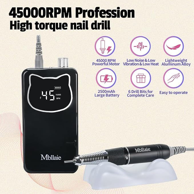Professional Nail Drill File 45000RPM Electric Portable Nails Drills Kit with Rechargeable 7 uñas Bits Cordless Efile for Poly Gel Acrylic Nails Remover Home Salon Pedicure Manicure Tool (Black)