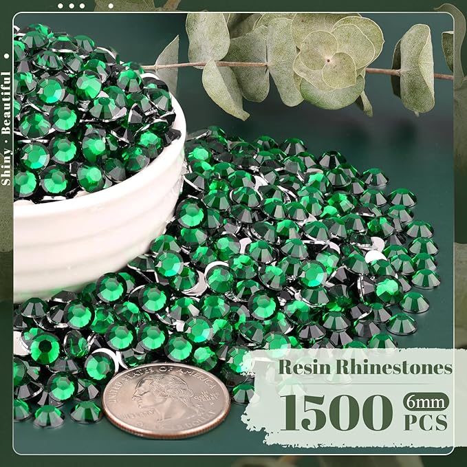 1500PCS 6mm Resin Rhinestones Bulk for Crafting (Dark Green), Flatback Bedazzling Crystals for Crafts DIY Nail Decoration, Gems Charms for Tumbler Shoes Clothing Fabric with Pickup Pen and Tweezers