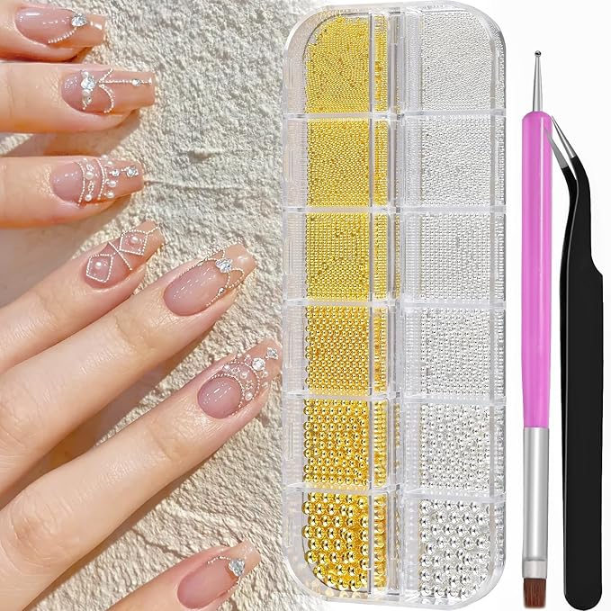 3D Mini Small Metal Stainless Steel Caviar Nail Beads Balls, 0.8-3mm Gold Silver Alloy Nail Art Chain Charms Studs with Tweezers and Dual-end Brush (1-K1-metal-beads)