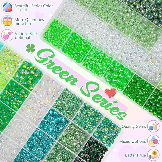 qiiipi 2 Big Boxes Green Resin Pearls and Rhinestones w B7000 Glue for Bedazzling Crafting Flatback Stones Gems Diamonds Half Pearls Bedazzler Kit for Nails Eyes Face Makeup Tumblers Bottles Crafts﻿