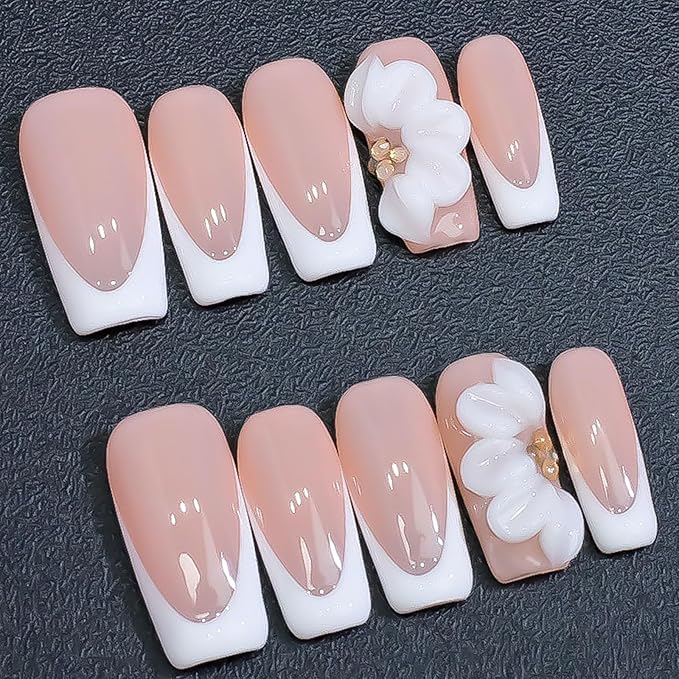 Luxury Press on Nails Medium Square Handmade 3D Unique Reusable ABS Material Fake Nails White French Tip False Nails with Designs Floral Rhinestones Elegant Glossy Glue on Nail Thick Acrylic Nail(M)
