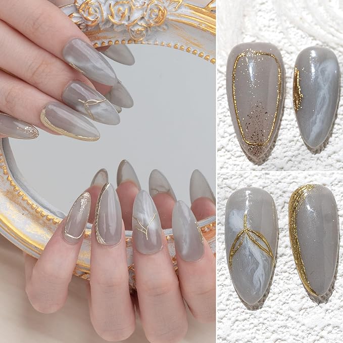 Sun&Beam Nails Handmade Press-on Medium Long Almond Blue Gold Ombre Hand-Painted Gradation Design Fashion False Nail Tips 10 Pcs Set (#230 L)