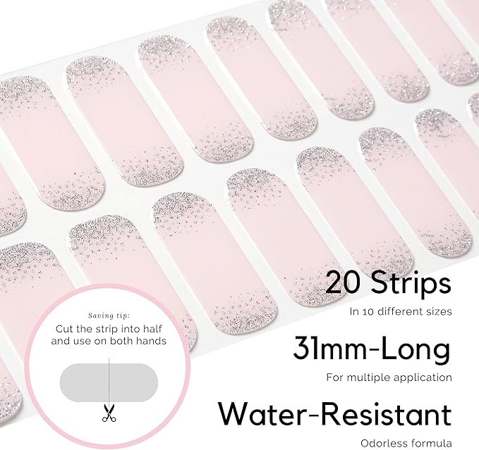 Semi Cured Gel Nail Strips - NAILOG 20 Pcs Pink Glitter Nail Stickers Extra Long Wraps with Glossy Gel Finishing for Spring Summer, Pearl Gleam