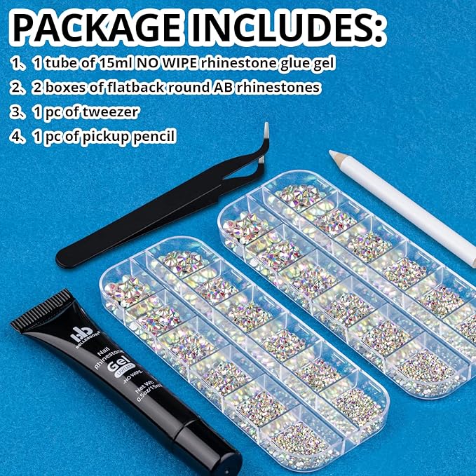 BELLEBOOST Nail Art Rhinestone Glue Gel&2 Boxes Flatback Gems Kit, 1 Tube of 15ml Rhinestone Gel Glue(UV/LED Needed)+Crystal AB Gems with Pickup Tools