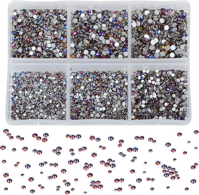 Bymitel 7200 Pieces 6 Mixed Sizes Glue Fix on Glass Rhinestones Round Crystal Gems Flatback for DIY Jewelry Making with one Picking Pen(6-Sizes 7200PCS, Blue Volcanic)