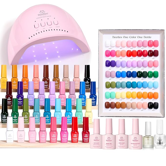 Beetles Gel Nail Polish Kit with U V Light -35 Colors Valentines Gel Polish Set 68 Pcs Gifts for Women -68 Pcs One Color One Bottle Mood Mosaic Nail Kit with Top Base Coat Beauty Must Have DIY Salon