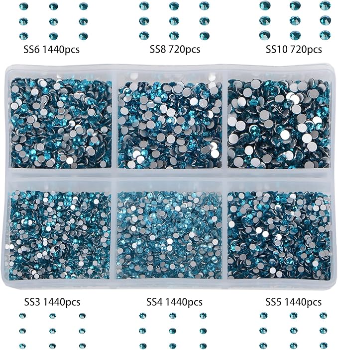 Bymitel 7200 Pieces 6 Mixed Sizes Glue Fix on Glass Rhinestones Round Crystal Gems Flatback for DIY Jewelry Making with one Picking Pen (6-Sizes 7200PCS, Blue Zircon)