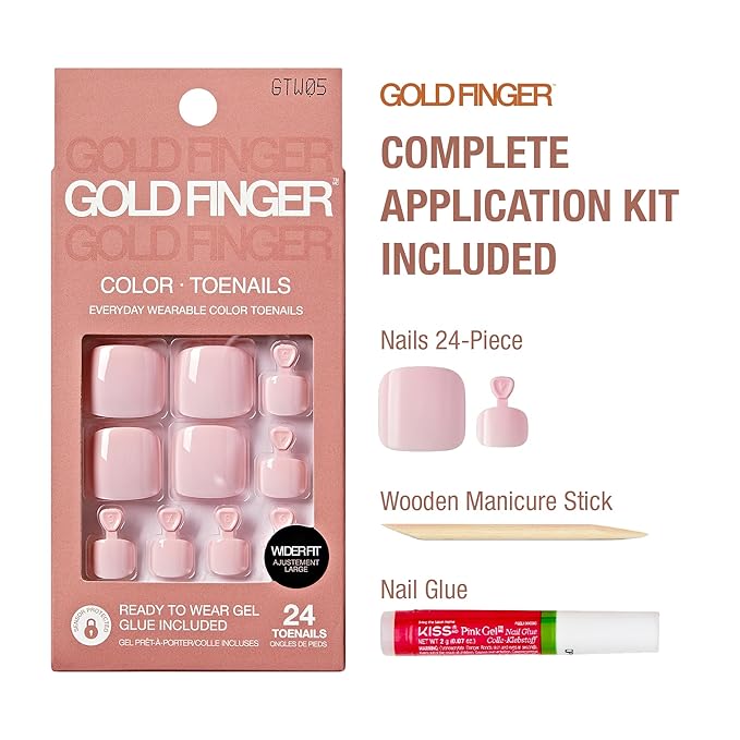 GoldFinger 24 Pcs Press On Toenails, Wide Fit Fake Nails, Baby Pink Gel Stick On Extensions, Reusable DIY Pedicure False Nail Kit with Glue, Cuticle Stick & File, 7 Day Long Lasting Wear