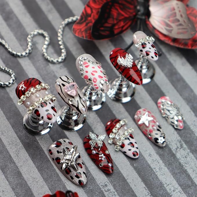 Leopard Print Press on Nails Heart Fake Nails with Rhinestone Design Medium Almond False Nail Butterfly Glue on Nails Pure Handcrafted Nail Art Glitter Stick on Nail for Women Premium Manicure (M)