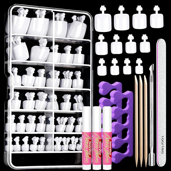 Teenitor White Press on Toenails for Women with Nail Glue, 120pcs White Toe Nail Press ons Acrylic Toenail Kit, Toe Nail Tips Square, Fake Toe Nails Glue on Toe, False Toenails for Missing Toenail