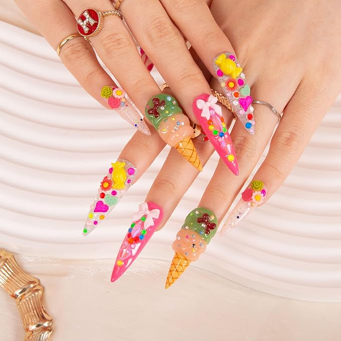 LOVFUL Press on Nails Dripping Sweetness | Handmade with Full Covered Crystals | Reusable Full Cover Nails | Stiletto Mid Length 1.7 in | H248-L