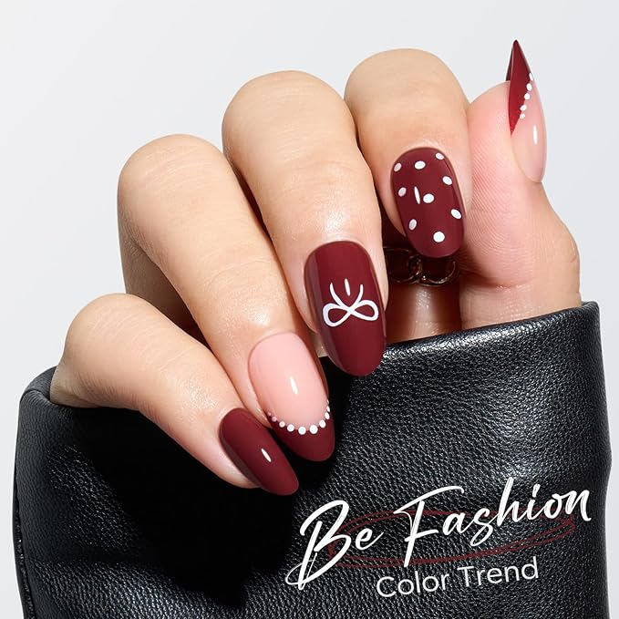 Modelones Dark Red Press on Nails Almond, Burgundy French Tip Polka Dot Bow Short Fake Nails, Reusable Nail Kit with Nail Glue Adhesive Tabs Nails Press Ons 32Pcs 16 Sizes, Women Girl Gift