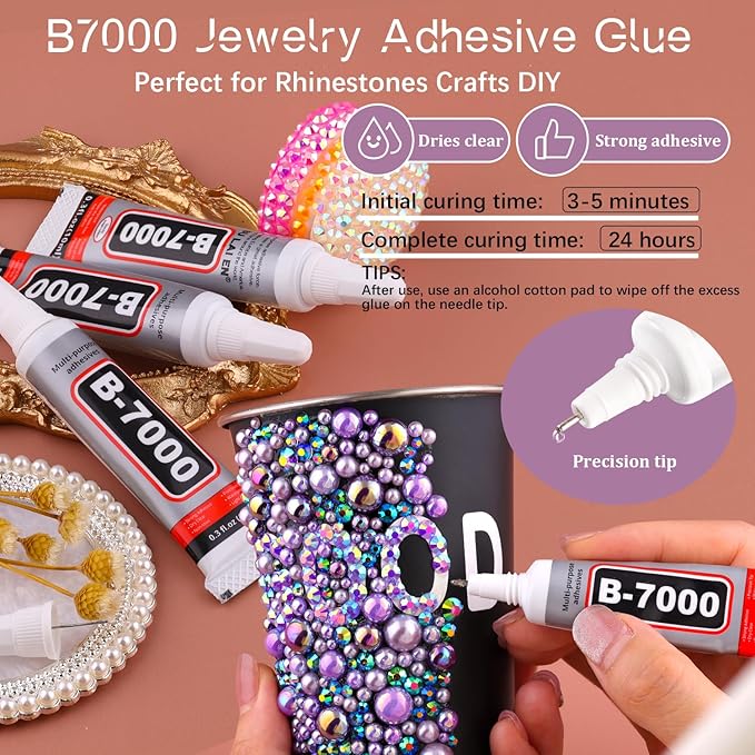 80g Flatback Pearls and Rhinestones for Crafting, White Brown 3-10mm Resin Rhinestones and Half Pearls for Bedazzling, Nail Art and Dec with 3pcs 10ml B7000 Jewelry Glue, Tweezer and Pickup Pencil