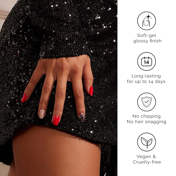 NAILOG Semi Cured Gel Nail Strips for Christmas Day, 20Pcs Red Candy Lasting Gel Nail Stickers, Salon Quality Easy Apply & Remove Works with Any UV/LED Nail Lamps, Dazzling Night