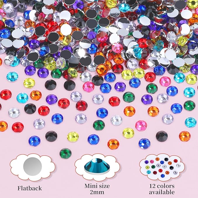 4000pcs 2mm Flatback Nail Art Rhinestones, Resin 3D Sparkling Nails Crystal Diamonds Gems Mini Charms with Tweezers and Dual-end Brush for Nail Art, Crafts Artwork DIY, Face Makeup Gems Jewels (6-K1)