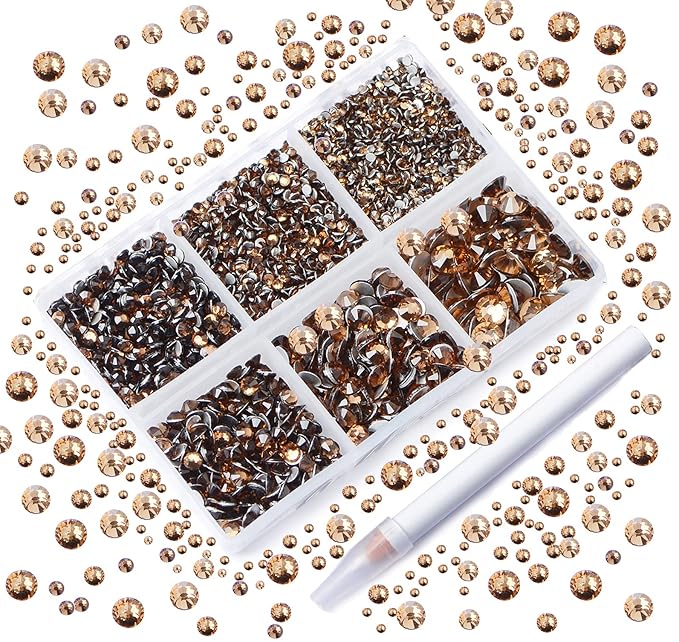 AD Beads 4300 Pieces Flat Back Nail Art Rhinestones Round Beads 6 Sizes (2-6.5mm) with Storage Organizer Box,Rhinestones Picking Pen for Nail Art Phone Decorations Crafts DIY (Smoked Topaz)