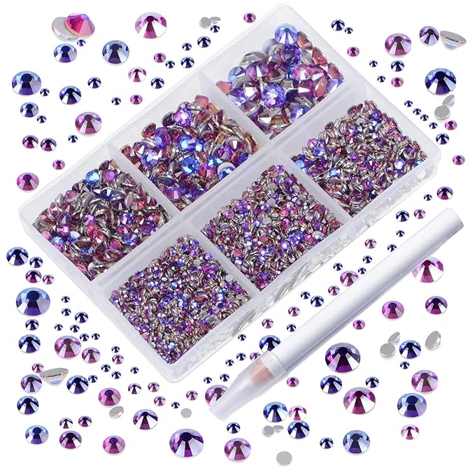 AD Beads 4300 Pieces Flat Back Nail Art Rhinestones Round Beads 6 Sizes (2-6.5mm) with Storage Organizer Box,Rhinestones Picking Pen for Nail Art Phone Decorations Crafts DIY (Purple Velvet)