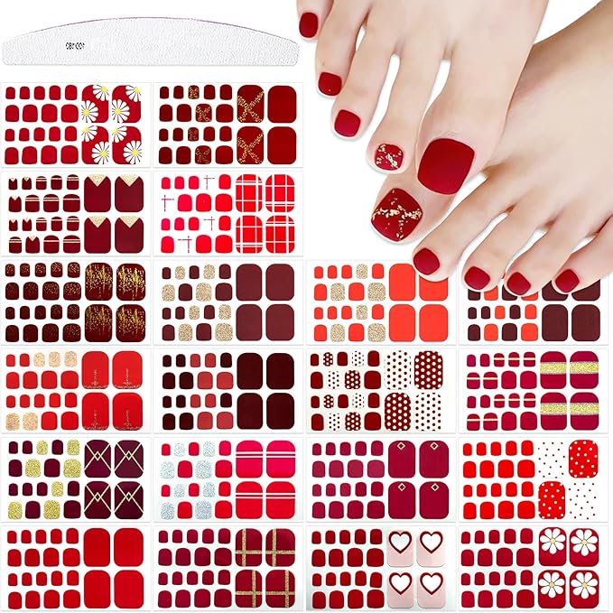 JERCLITY 440 Pieces 20 Sheets Red Solid Color Toenail Full Wraps Toe Nail Polish Strips Self-Adhesive Full Nail Stickers Red Nail Art Decals Strips with Nail File for Women Girls Kids Nail Art