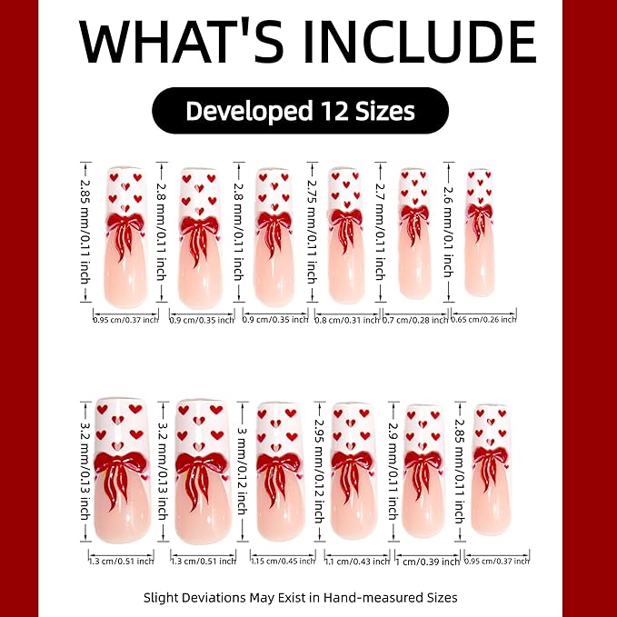 24Pcs Valentines Day Press on Nails Long Square Fake Nails Petite Red Heart False Nails with Cute Red Embossed Bow Designs White French Tips Nails Press ons Glossy Mini Heart Acrylic Nail for Women