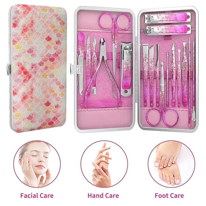 Nail Clippers Set Fingernail and Toenail Clipper Cutters, Professional Manicure Pedicure Kit 18Pcs, Nail Care Grooming Tools with Luxurious Travel Case (Diamond Rose)
