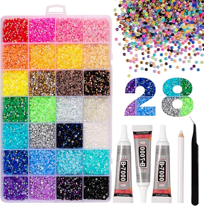 28 Colors Resin Jelly Rhinestones for Bedazzling, 3mm 26000Pcs Flatback Gems for Crafting, Bedazzling Kit with B7000 Glue for Clothing Shoes Nail Book Diamond Art