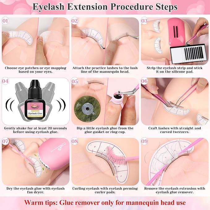 Lashes Kit for Eyelash Extension Beginner Lash Tech Starter Kit with Eye Lash Mannequin Head, Professional Eyelash Extension Kit with Lash Fan, Extension Glue and Eyelash Remover for Practice Training