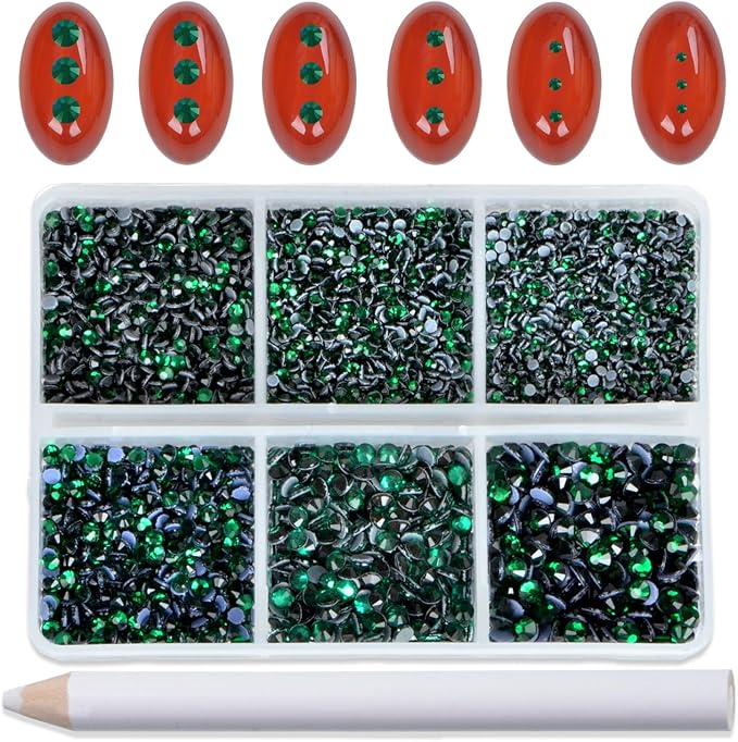 Bymitel Hotfix Crystal Rhinestones Round Gems for Crafts,Mixed 6 Sizes with Wax Pencil Kit, Emerald 1.3-3.2mm(SS3-SS12/8000pcs)