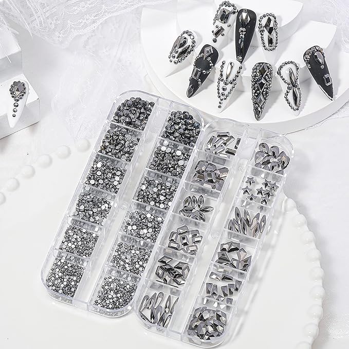 HNUIX Nail Rhinestones - 3D Multi Shape Size, Crystal Mineral Gray Nail Gems, Flat Back, with Kit, for Nail Art, DIY Decorations