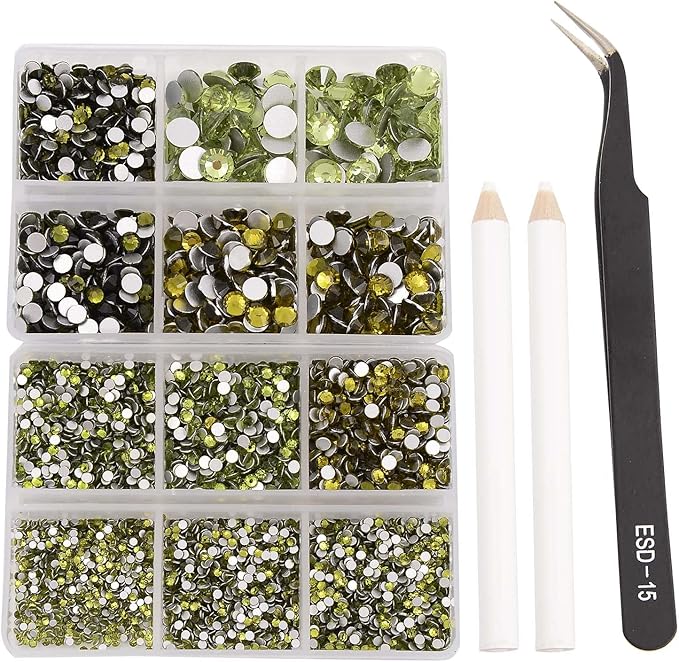 NCB 8000pcs Non Hotfix Rhinestones 10 Sizes Flatback Crystal Glass Rhinestones with Tweezers and Picking Pen for Nail Art Clothes Bags Phone Decorations Crafts DIY (008 Olivine Mix SS3-SS30)