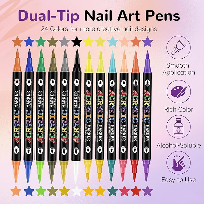 24 Colors Dual-Tip Nail Art Pens Set, Easter Nail Art Markers, Quick-Dry Waterproof Acrylic Nail Polish Pens for Bunny & Easter Egg Designs, DIY Manicure Tools for Home & Salon, Easter Gift, 12 Count