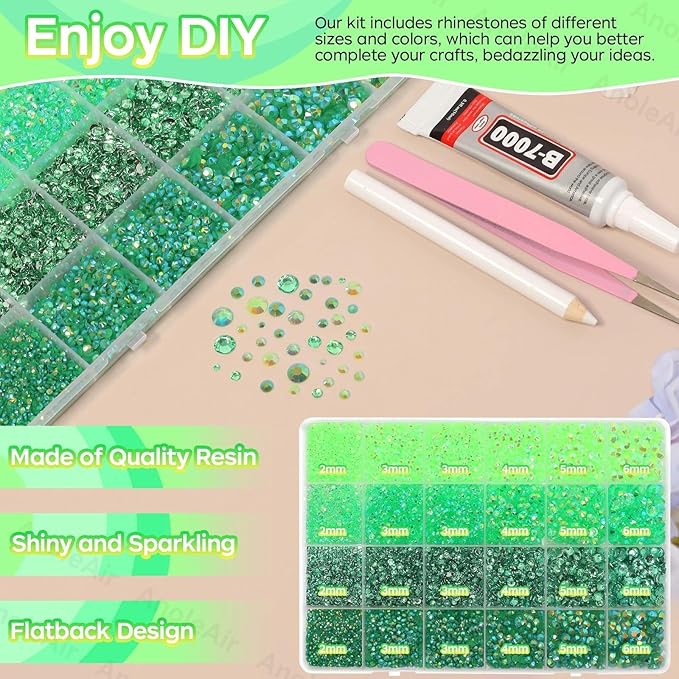 26000PCS Green Resin Flatback Rhinestones for Crafting, Resin Rhinestones for Bedazzling Kit, 2/3/4/5/6mm Flatback Gems Jewels for DIY Mugs Tumblers Clothing Shoes Nail Art
