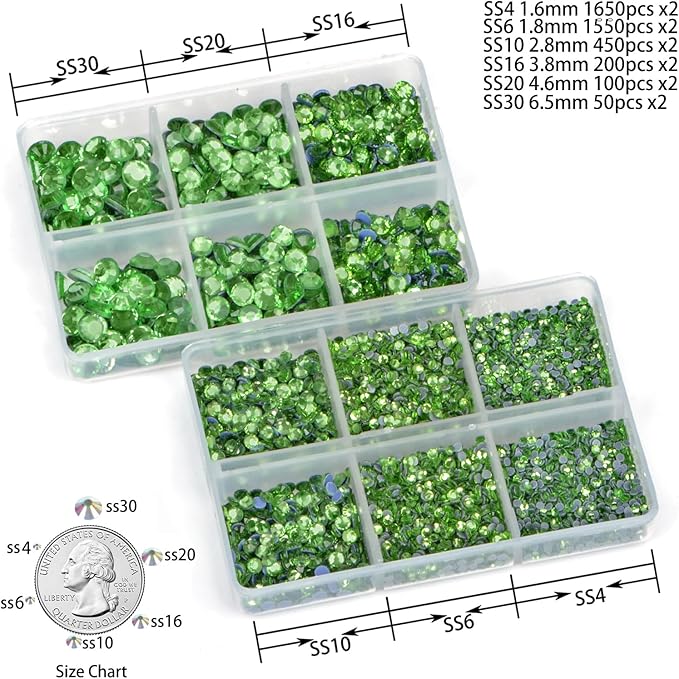 8000pcs Hotfix Rhinestones Flatback,Rhinestones for Crafts Clothes Mixed 6 Sizes, Hotfix Crystals with Wax Pencil Kit, SS4-SS30,Peridot