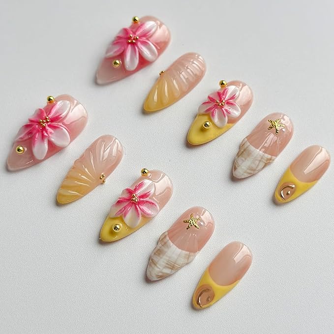 Luxury Press on Nails Medium Almond Handmade 3D Unique Reusable ABS Material Fake Nails French Tip Yellow False Nails with Designs Pink Flower Glossy Glue on Nail Thick Acrylic Nail(M)