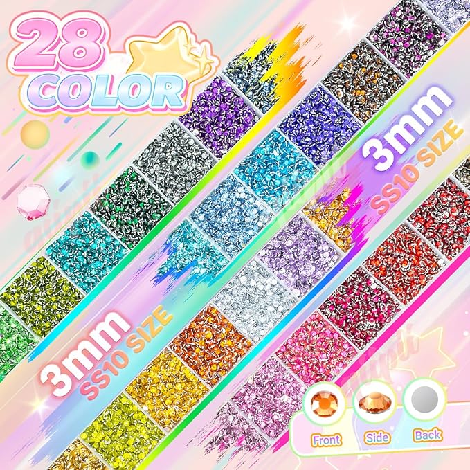 28 Color 3mm Crystal Resin Rhinestones w B7000 Glue for Bedazzling Crafting SS10 Flatback Colorful Stones Crystals Gems Diamonds Bedaazler Kit for Nails Eyes Face Makeup Tumblers Bottles Crafts