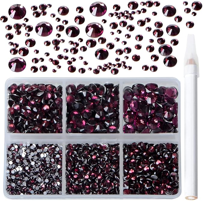 Bymitel 5000 Pieces 6 Mixed Sizes Glue Fix on Glass Rhinestones Round Crystal Gems Flatback for DIY Jewelry Making with one Picking Pen(6-Sizes 5000PCS, Amethyst)
