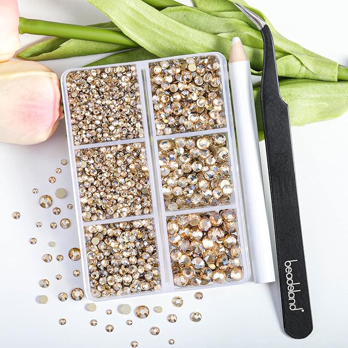 Beadsland 4300pcs Flatback Rhinestones,Gold Rhinestone Nail Gems Round Crystal Rhinestones for Crafts,Mixed 6 Sizes with Picking Tweezers and Wax Pencil Kit, SS6-SS20,Golden Shadow